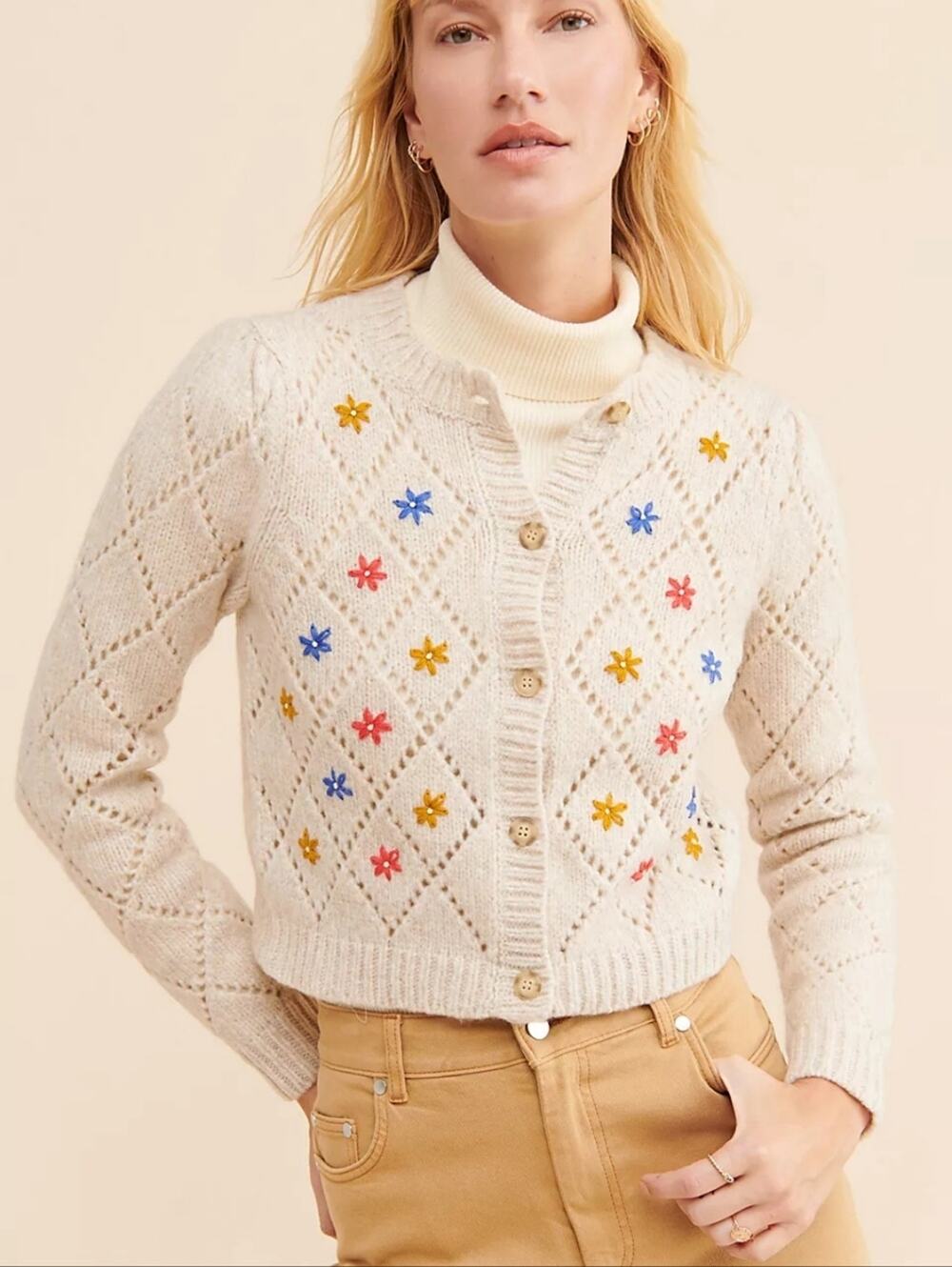 SAYLOR Surrey Embroidered Button-Front Cream Cardigan